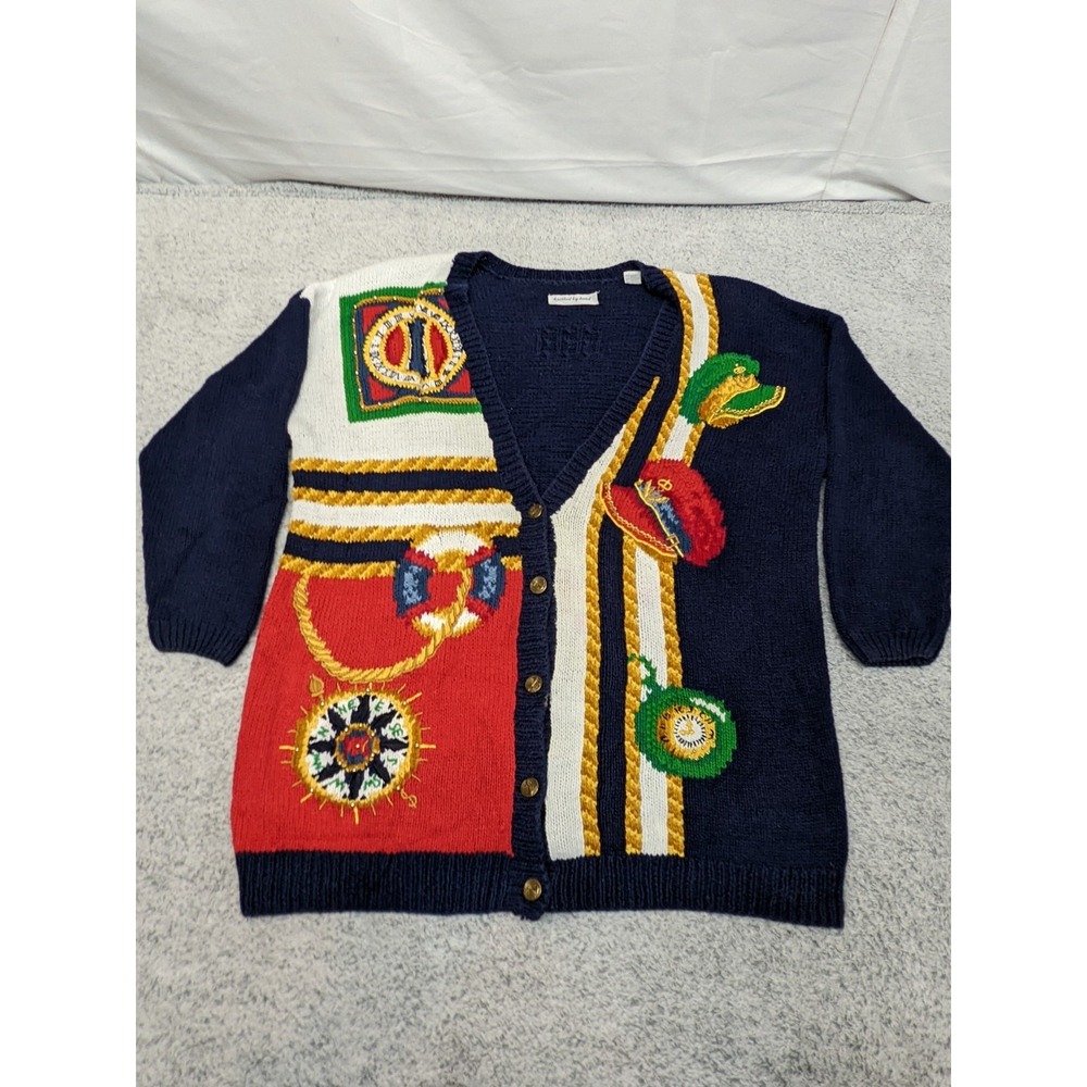 VTG‎ 90s Nautical Patchwork Cardigan Sweater Hand Knit Look M/L Oversized Bold